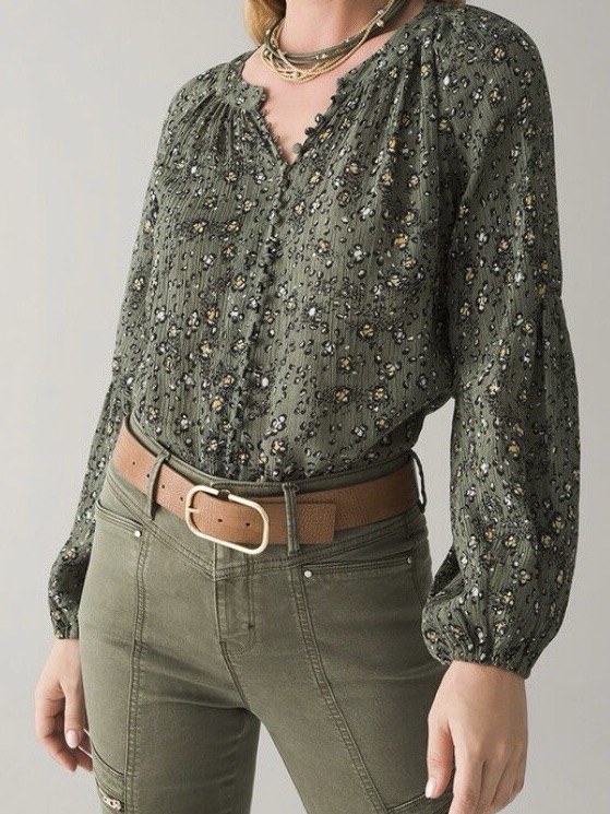 Dotted Cheetah Olive Long Sleeve High Low Printed Blouse
